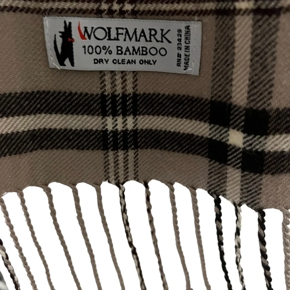 Wolfmark Tan Plaid 100% Bamboo Scarf with Fringe Sustainable Eco-Friendly Unisex